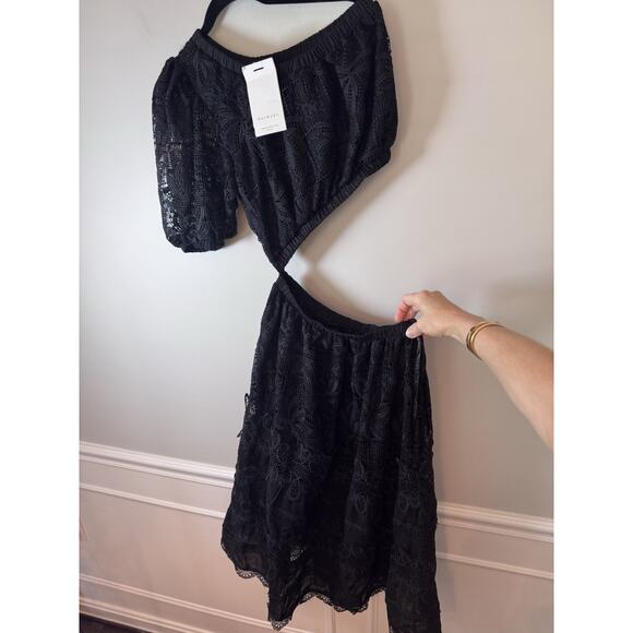 Waimari Jade Midi Dress S Black One Puff Shoulder Sheer Cutout Eyelet Lace NWT - Picture 12 of 16